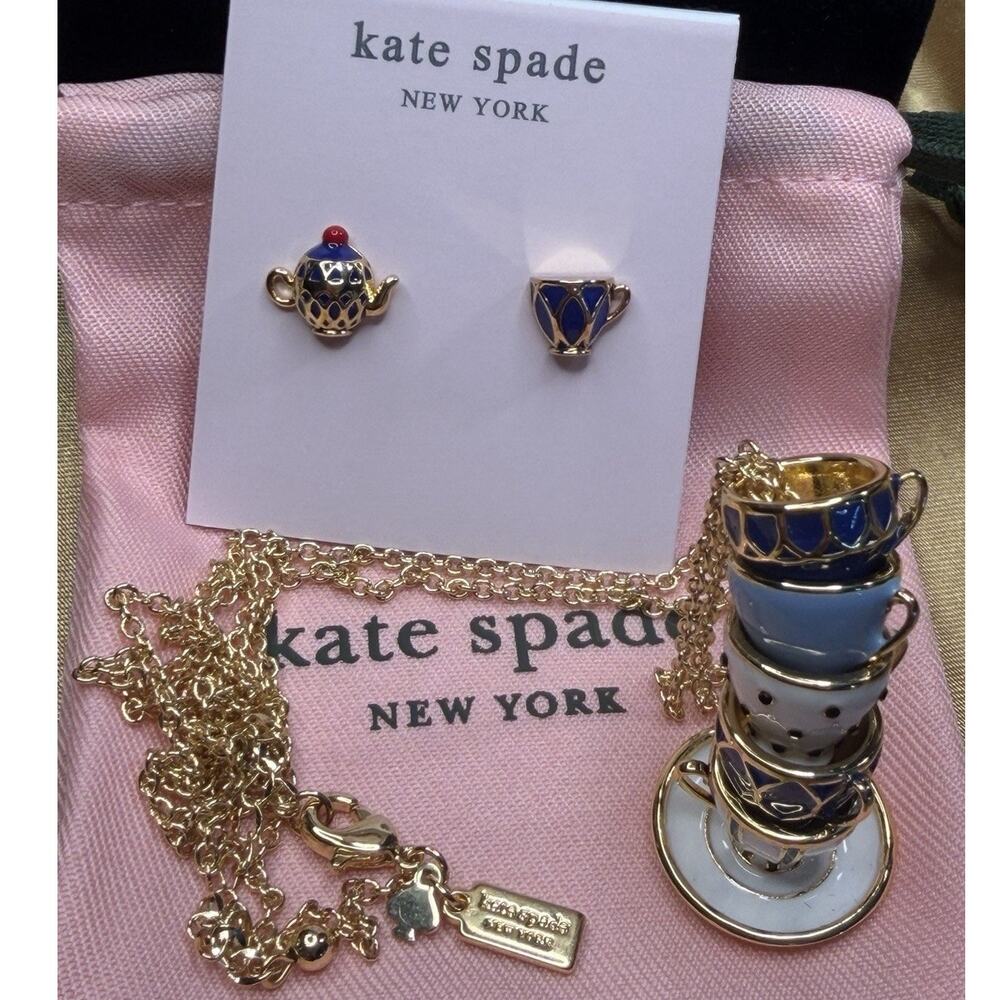 Kate Spade NY Tea Time Necklace Earrings Set Teacup Teapot Blue Gold Enamel New